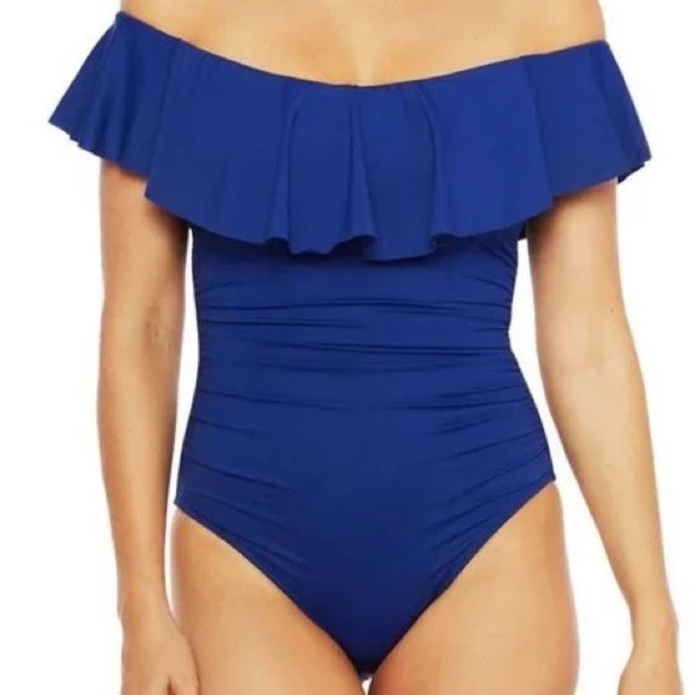LA BLANCA Royal Blue Island Ruffle Off-Shoulder One-Piece swimsuit Size 4 NWT